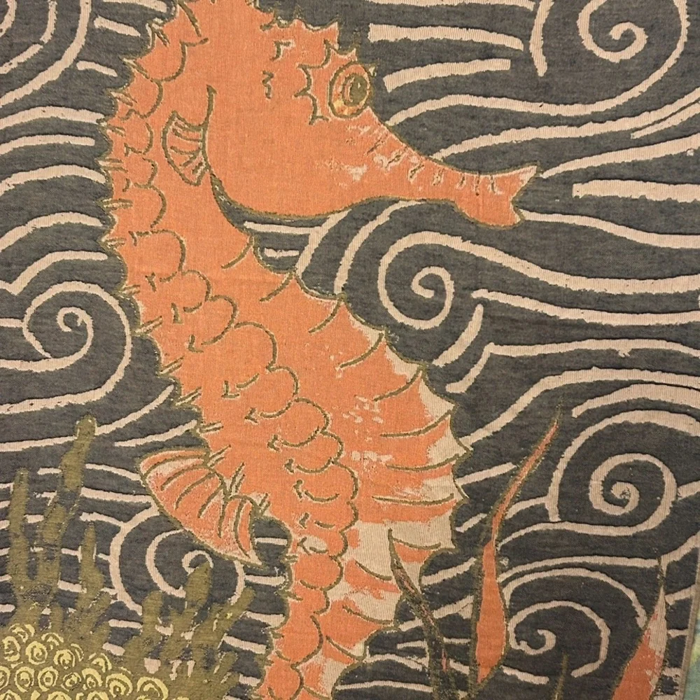 Seahorse Towel + Tapestry in Coral Orange Deep Blue + Lime Green Size 38” x 68”